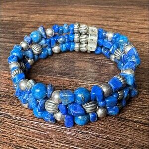 Vintage Carolyn Pollack Lapis Luzuli Wrap Cuff Bracelet 925 Silver Pearls Beaded